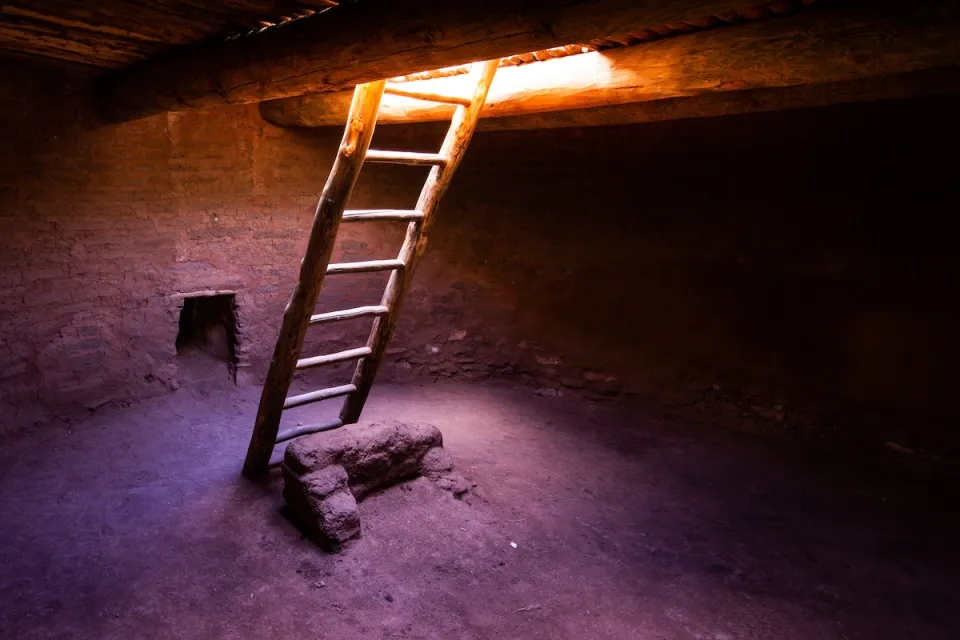Ladder going down into kiva ruin in New Mexico.